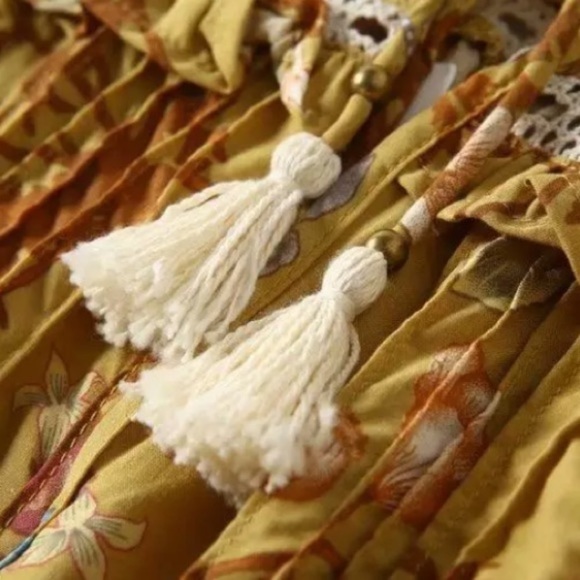 SOLD OUT Golden Floral Ruffle Fall Boho Long Sleeve Dress - Picture 12 of 14